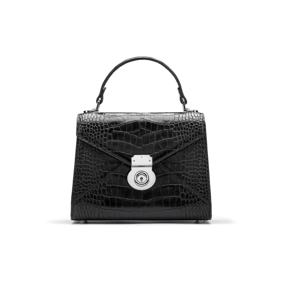 Mini Burnett small top handle bag, black croc, front view