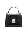 Mini Burnett small top handle bag, black croc, front view