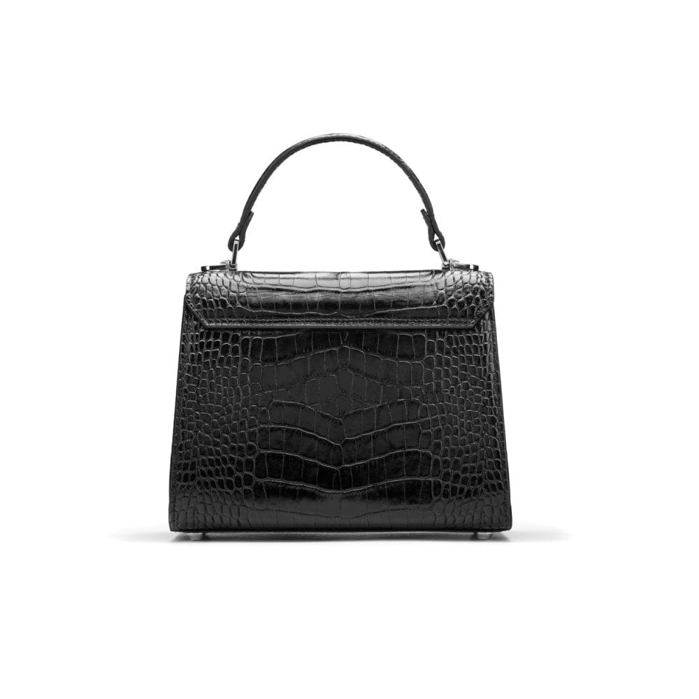 Mini Burnett small top handle bag, black croc, back view