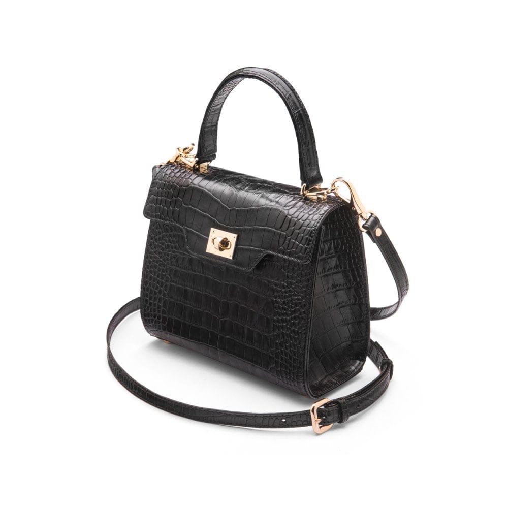 Mini leather Morgan Bag, top handle bag, black croc, side view