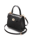 Mini leather Morgan Bag, top handle bag, black croc, side view