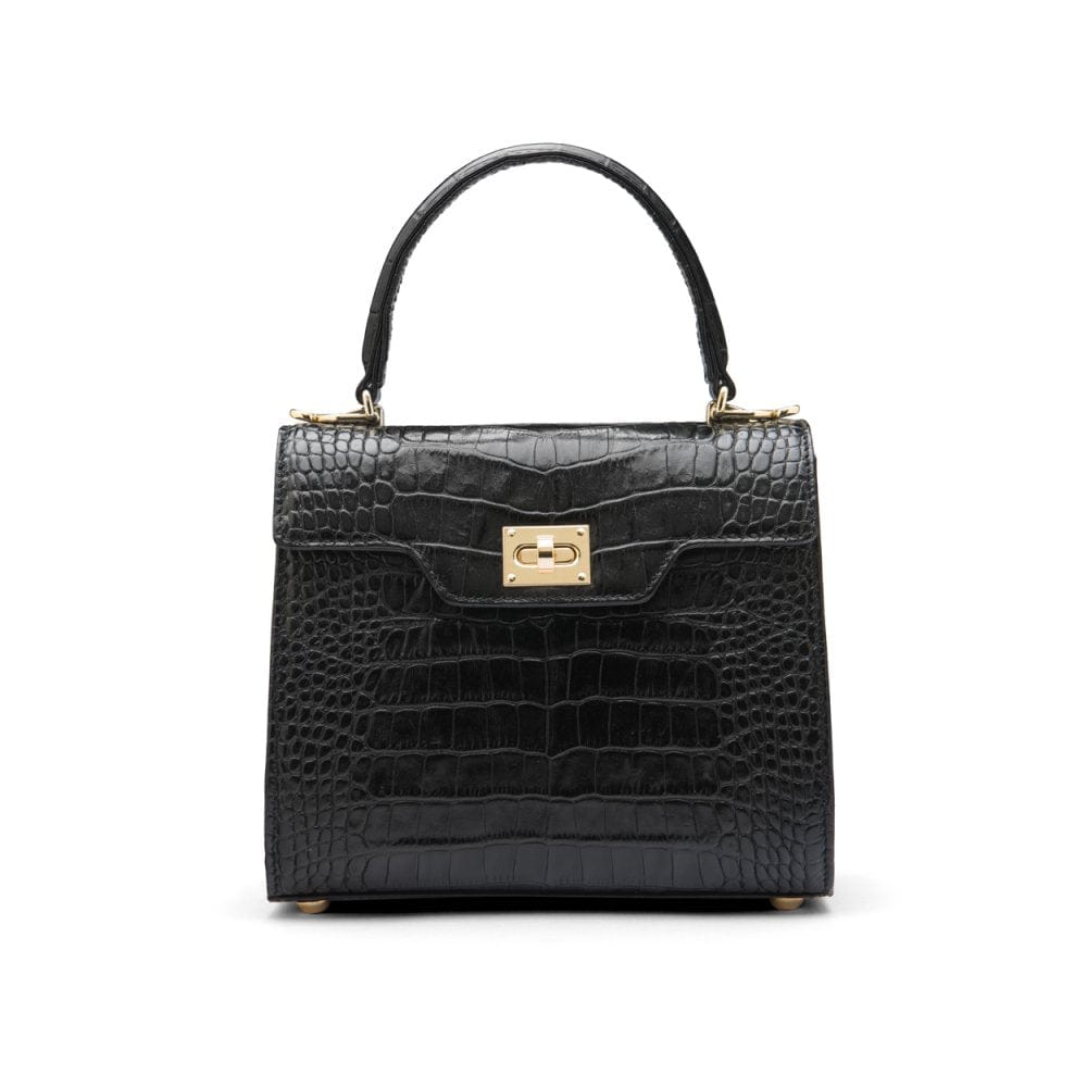 Mini leather Morgan Bag, top handle bag, black croc, front view