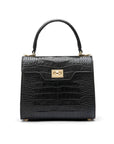 Mini leather Morgan Bag, top handle bag, black croc, front view