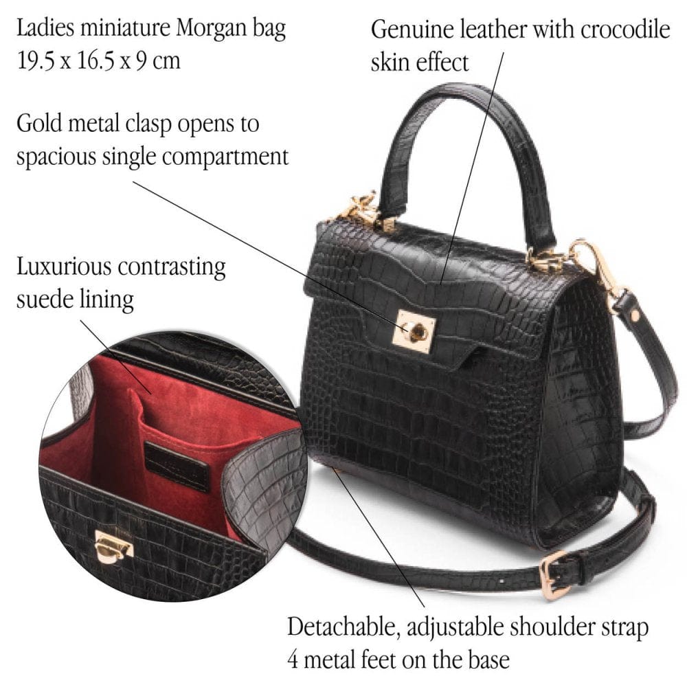 Mini leather Morgan Bag, top handle bag, black croc, features