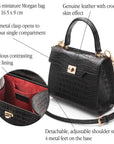 Mini leather Morgan Bag, top handle bag, black croc, features