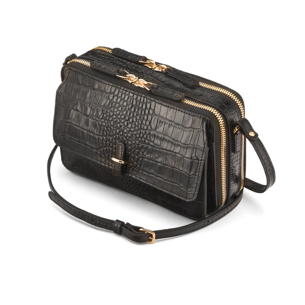 Compact crossbody bag, black croc, side