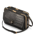 Compact crossbody bag, black croc, side