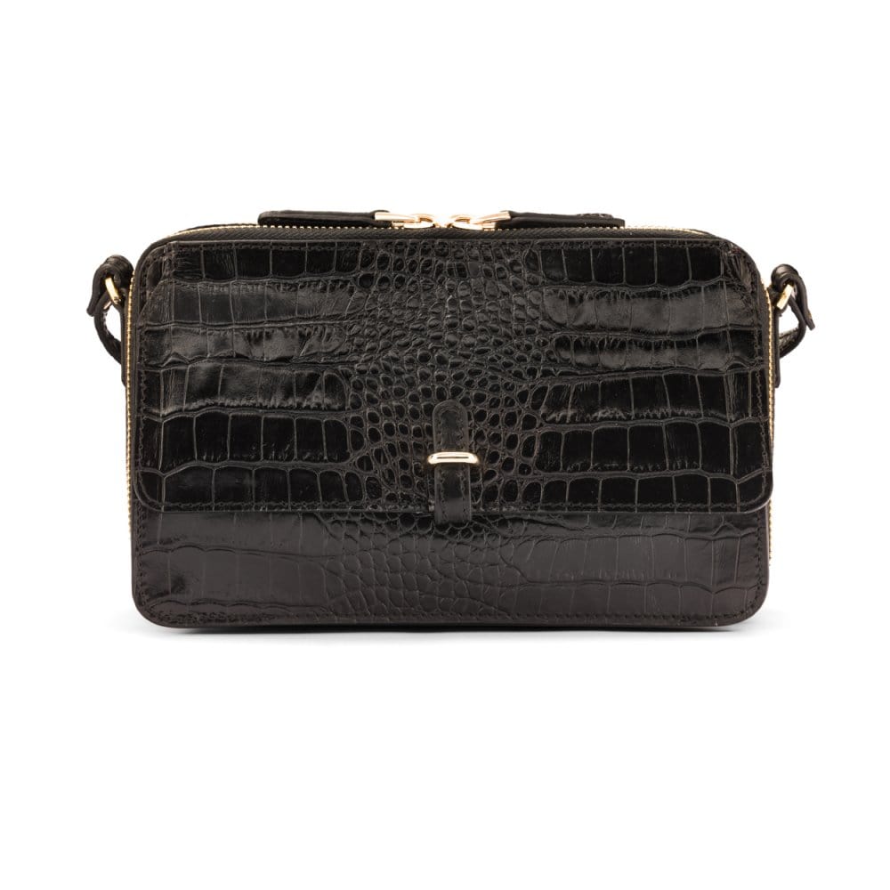 Compact crossbody bag, black croc, front