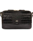 Compact crossbody bag, black croc, front