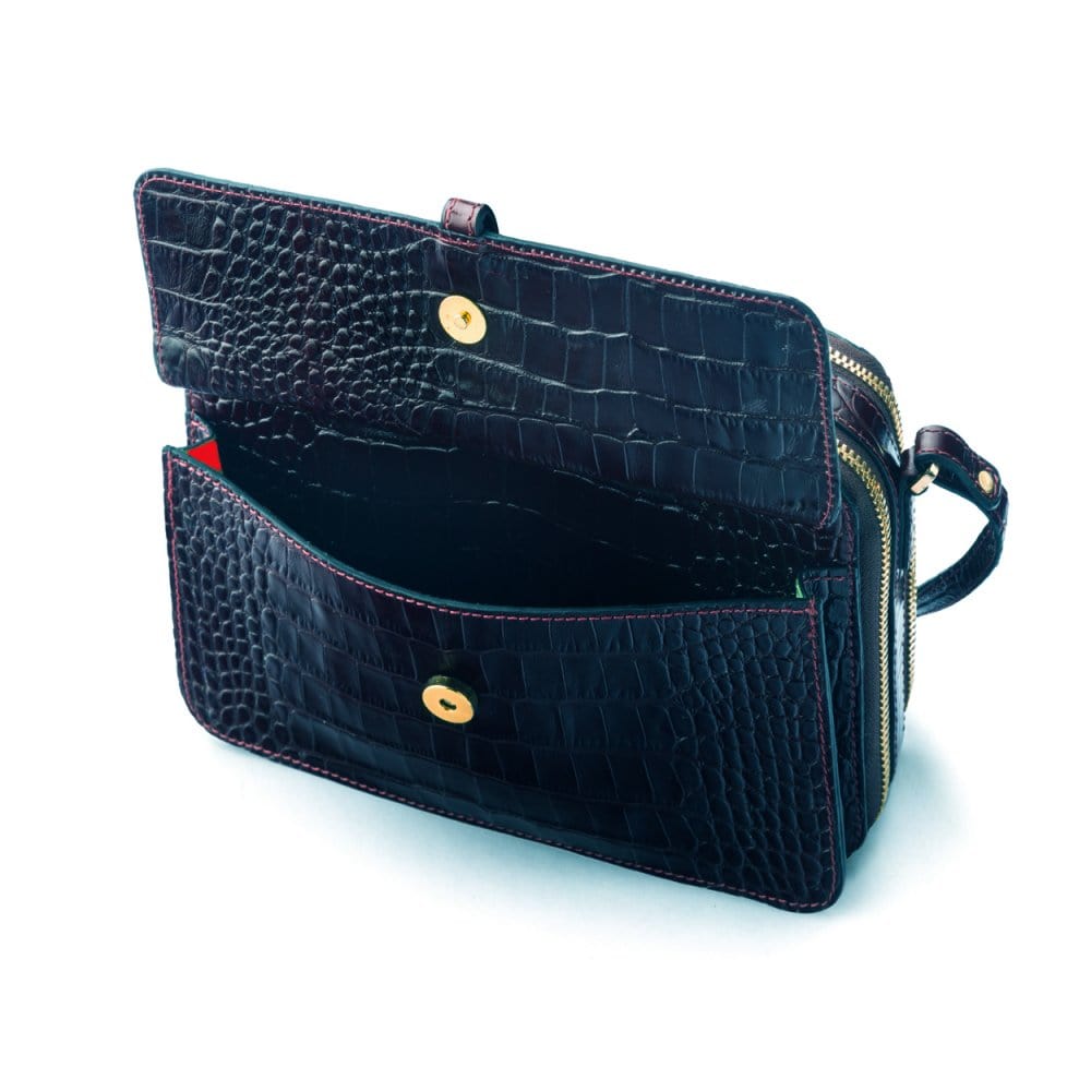 Compact crossbody bag, black croc, front pocket