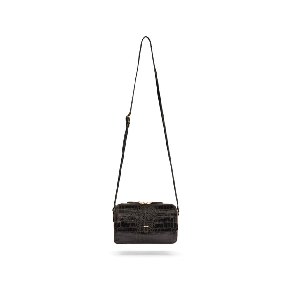 Compact crossbody bag, black croc, shoulder strap