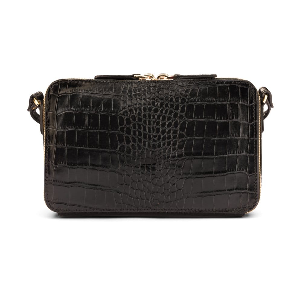 Compact crossbody bag, black croc, back