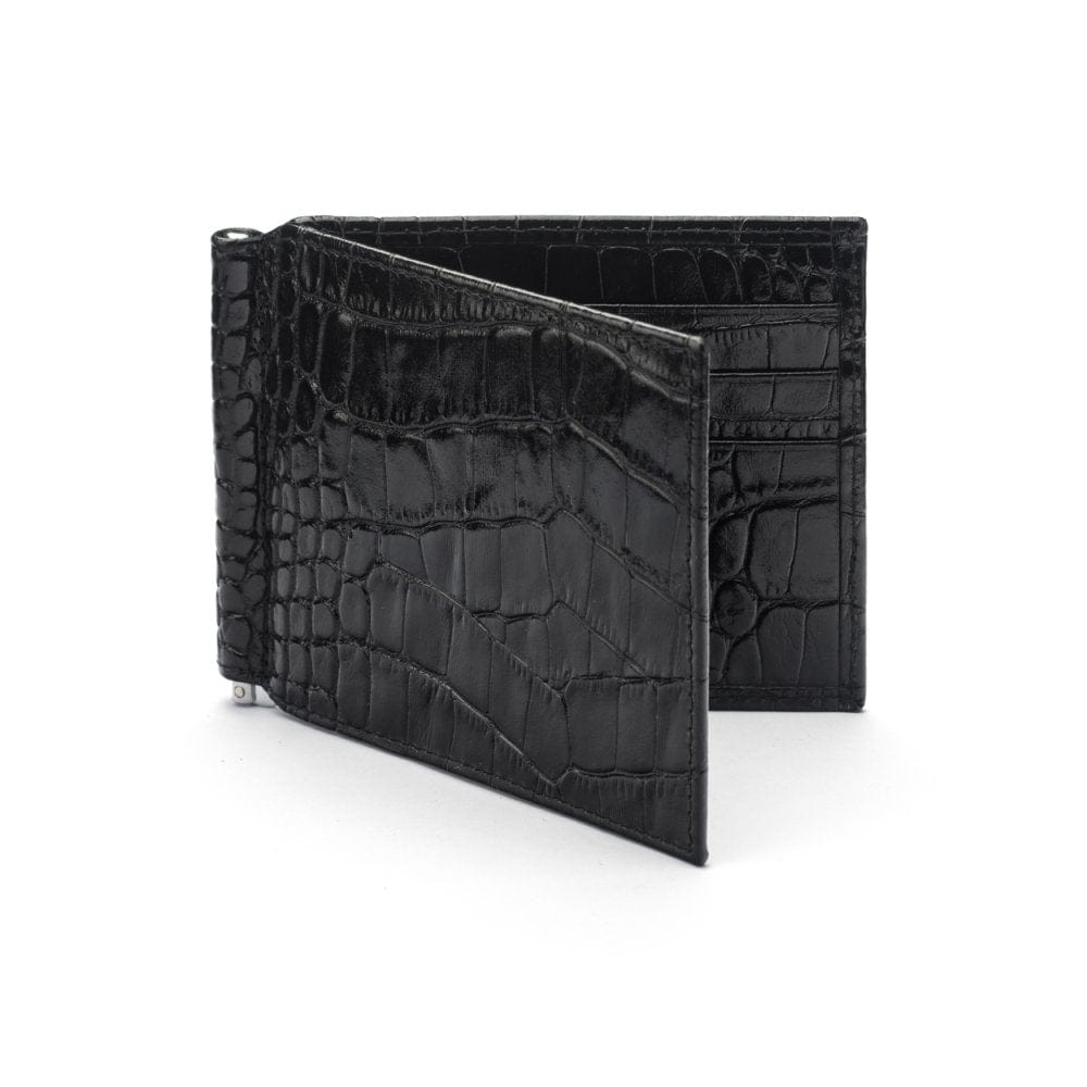 Black Croc Compact Leather Wallet With Money Clip