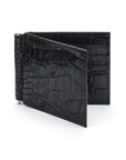 Black Croc Compact Leather Wallet With Money Clip