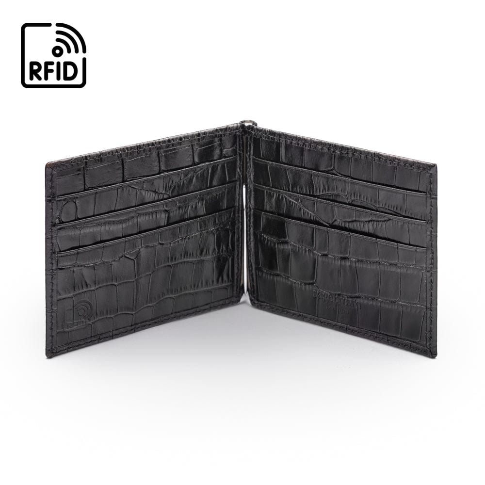 Leather money clip wallet, black croc, open view