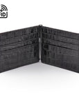 Leather money clip wallet, black croc, open view