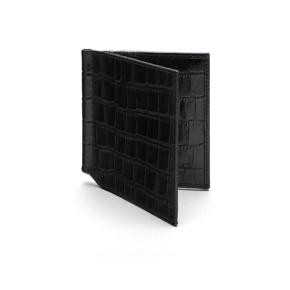 Black Croc Compact Leather Money Clip Wallet