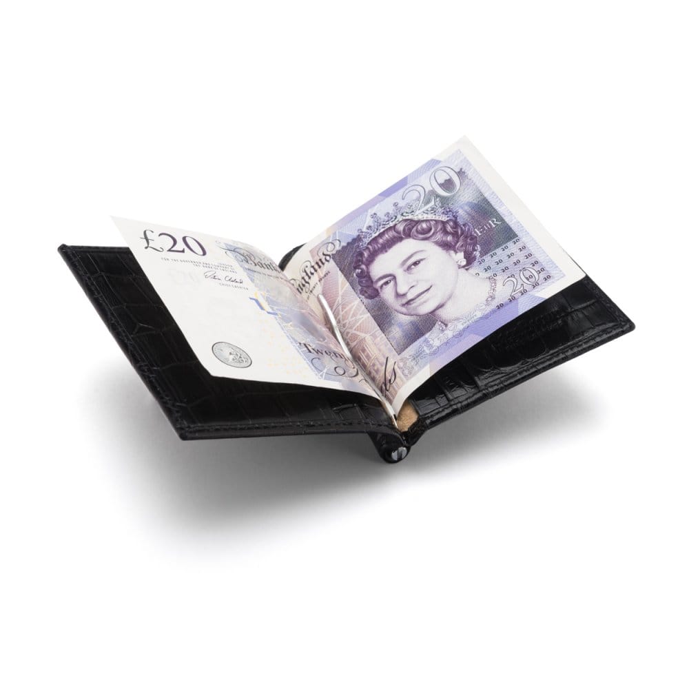 Black Croc Compact Leather Money Clip Wallet