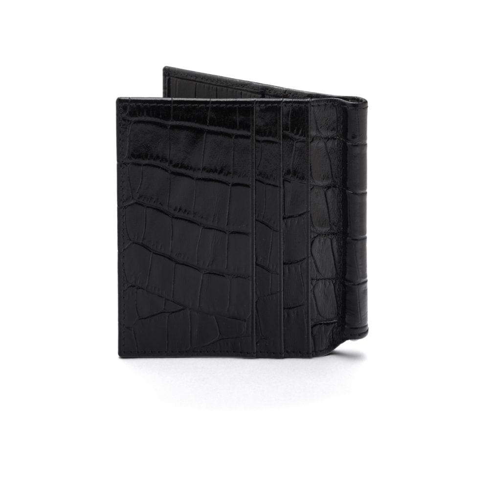 Black Croc Compact Leather Money Clip Wallet