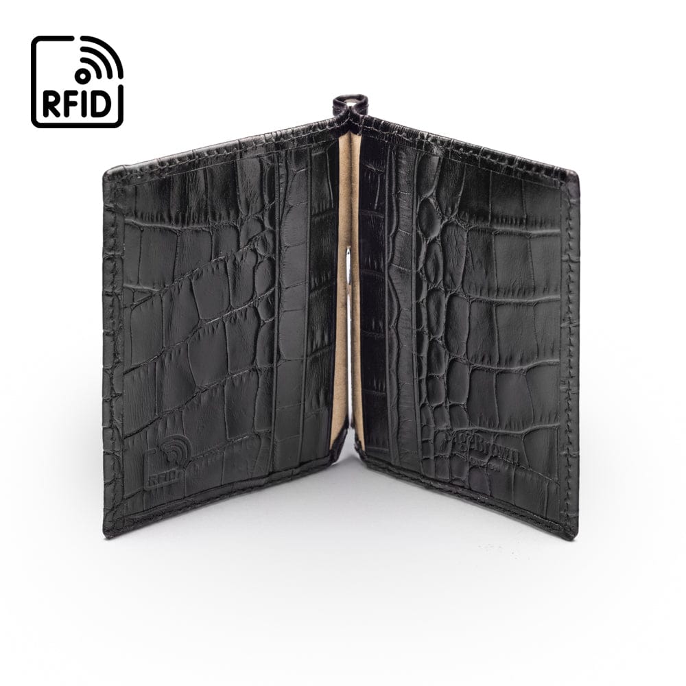 Clip wallet for men, black croc, inside view