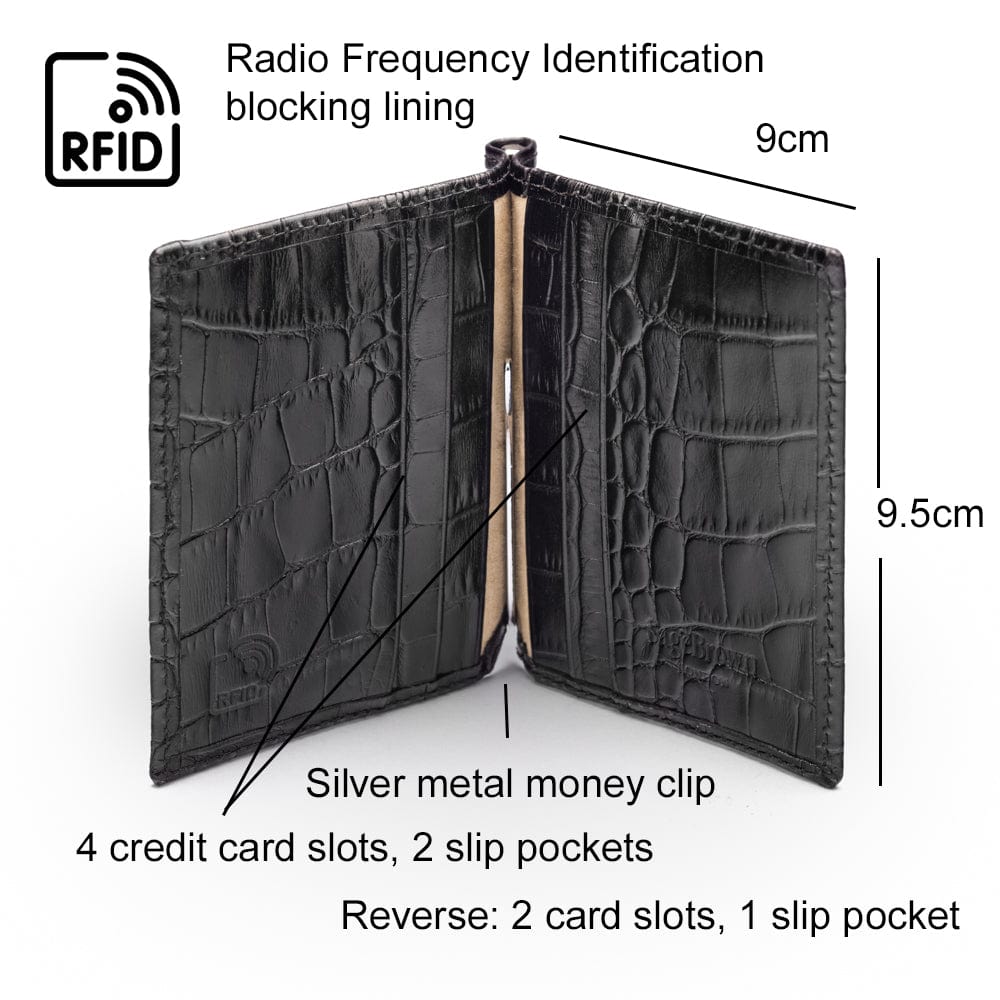 Clip wallet for men, black croc, features