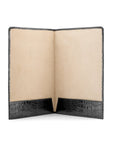 Simple leather document folder, black croc, open