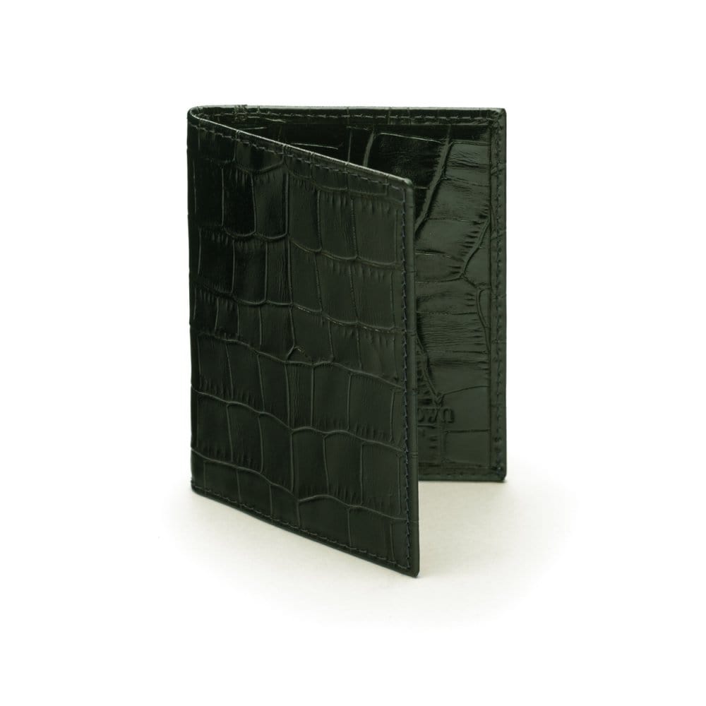 RFID leather credit card holder, black croc, front view