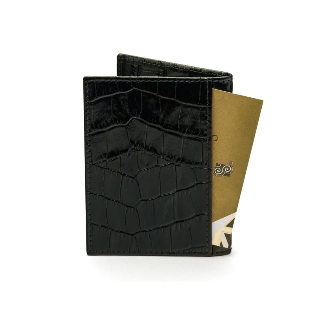 RFID leather credit card holder, black croc, back view