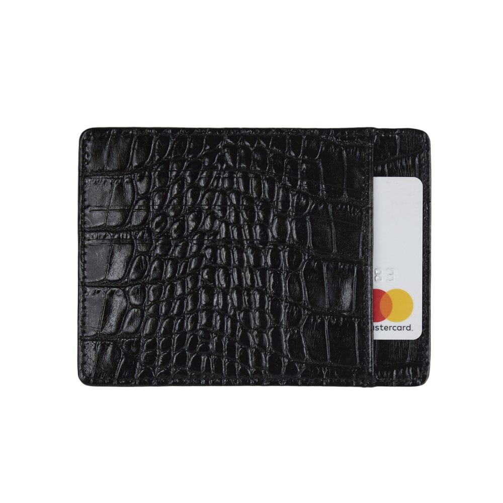 Flat leather credit card holder, black croc, front