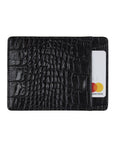 Flat leather credit card holder, black croc, front