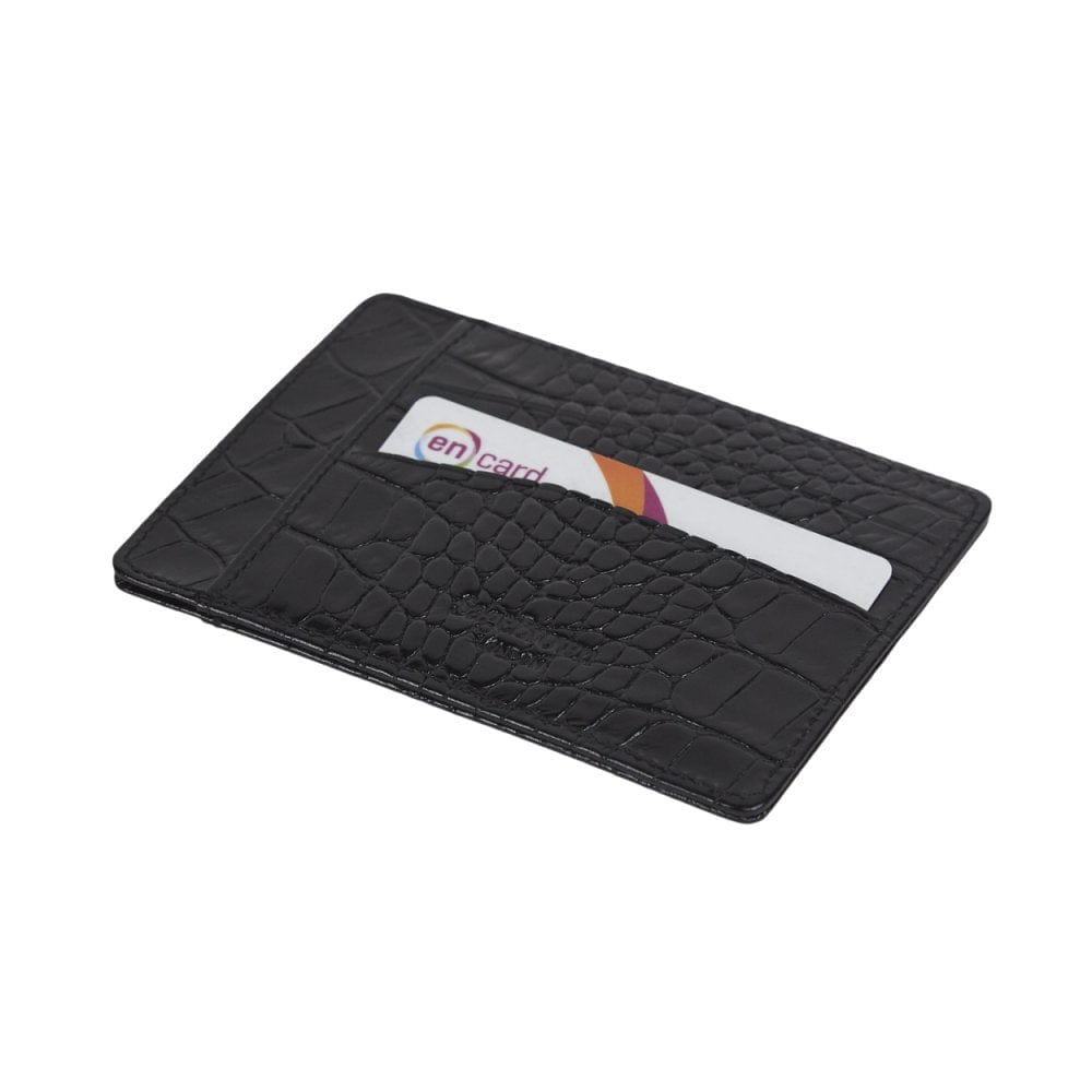 Flat leather credit card holder, black croc, back