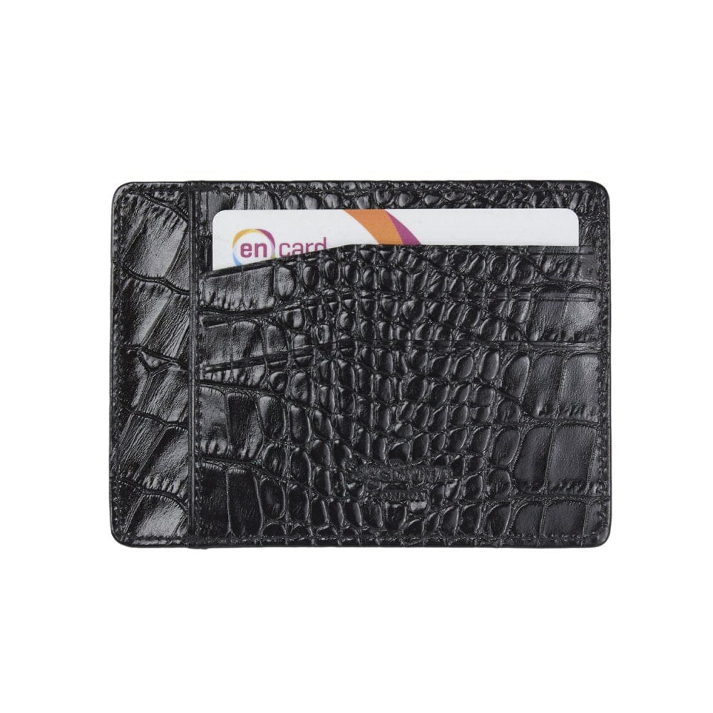 Flat leather credit card holder, black croc, back view