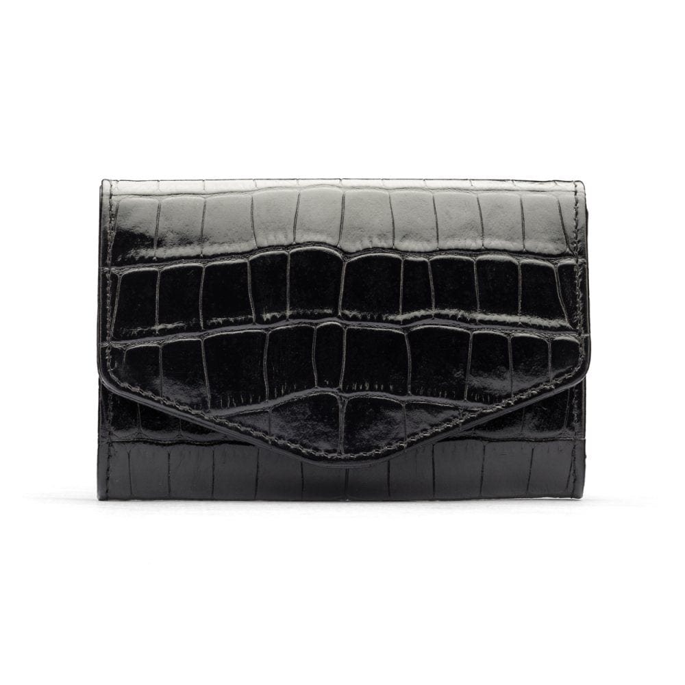 Small leather concertina purse, black croc, front