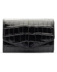 Small leather concertina purse, black croc, front