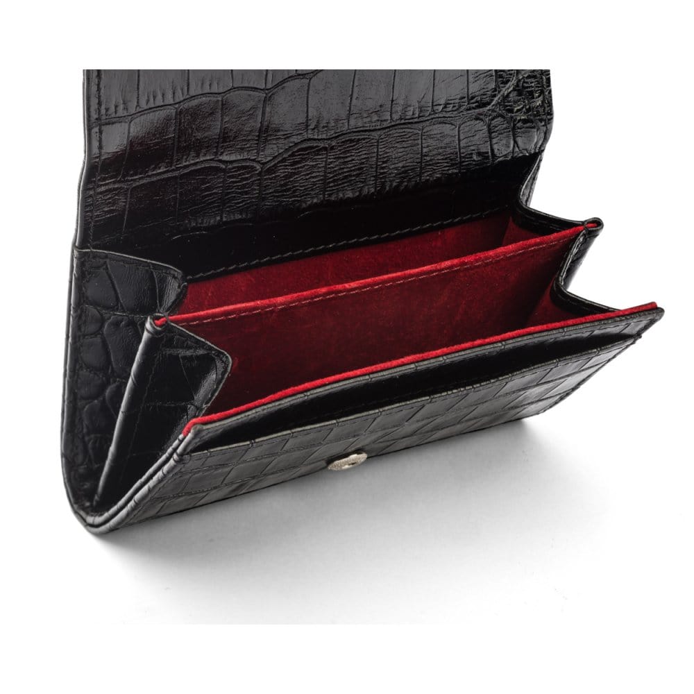 Small leather concertina purse, black croc, inside