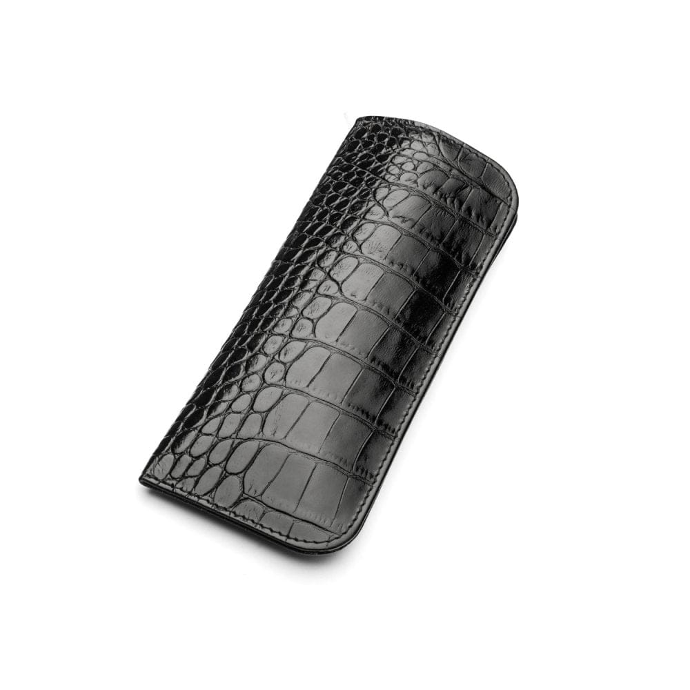 Small leather glasses case, black croc, front