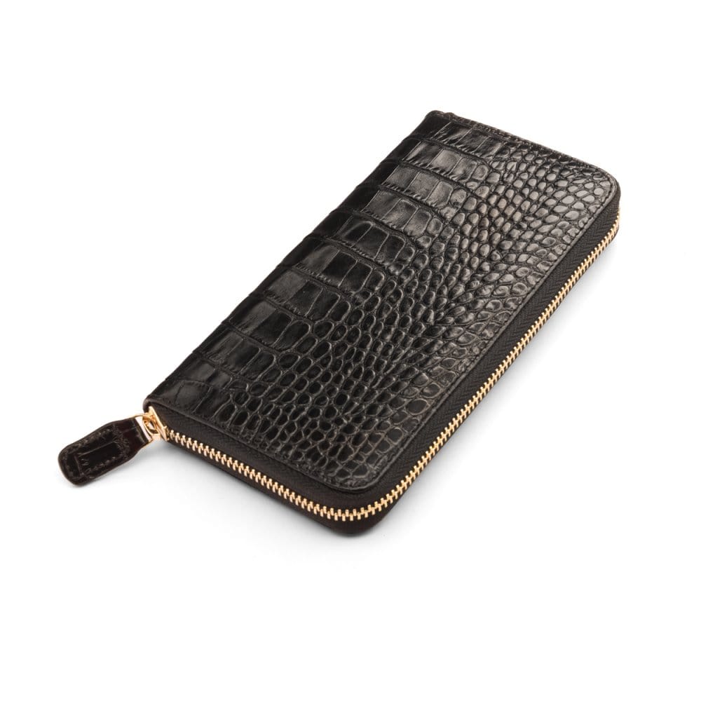 Tall leather zip around accordion purse, black croc, front