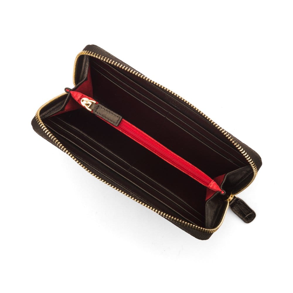 Tall leather zip around accordion purse, black croc, inside