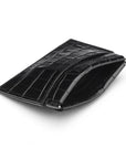 Leather squeeze spring coin purse, black croc, open