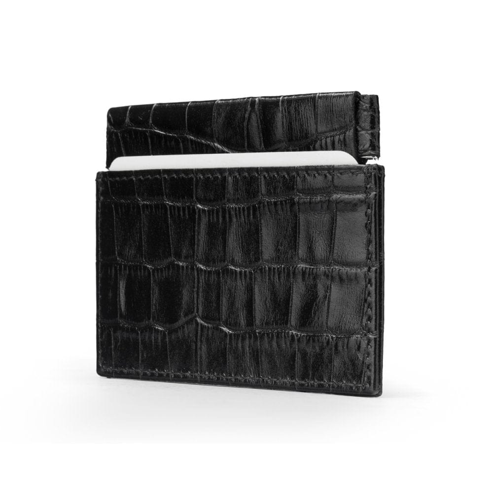 Leather squeeze spring coin purse, black croc, side