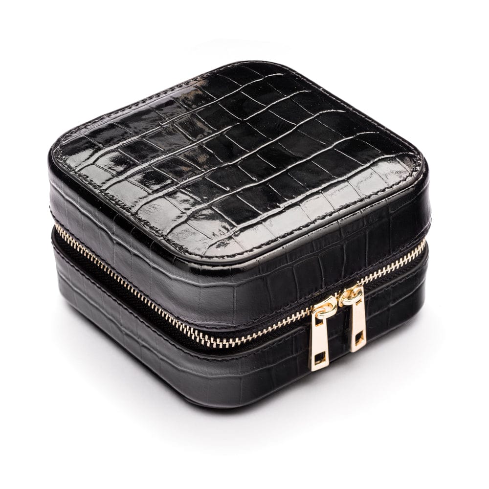 Leather travel jewellery case with zip, black croc, side view