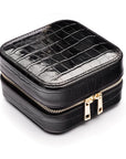 Leather travel jewellery case with zip, black croc, side view