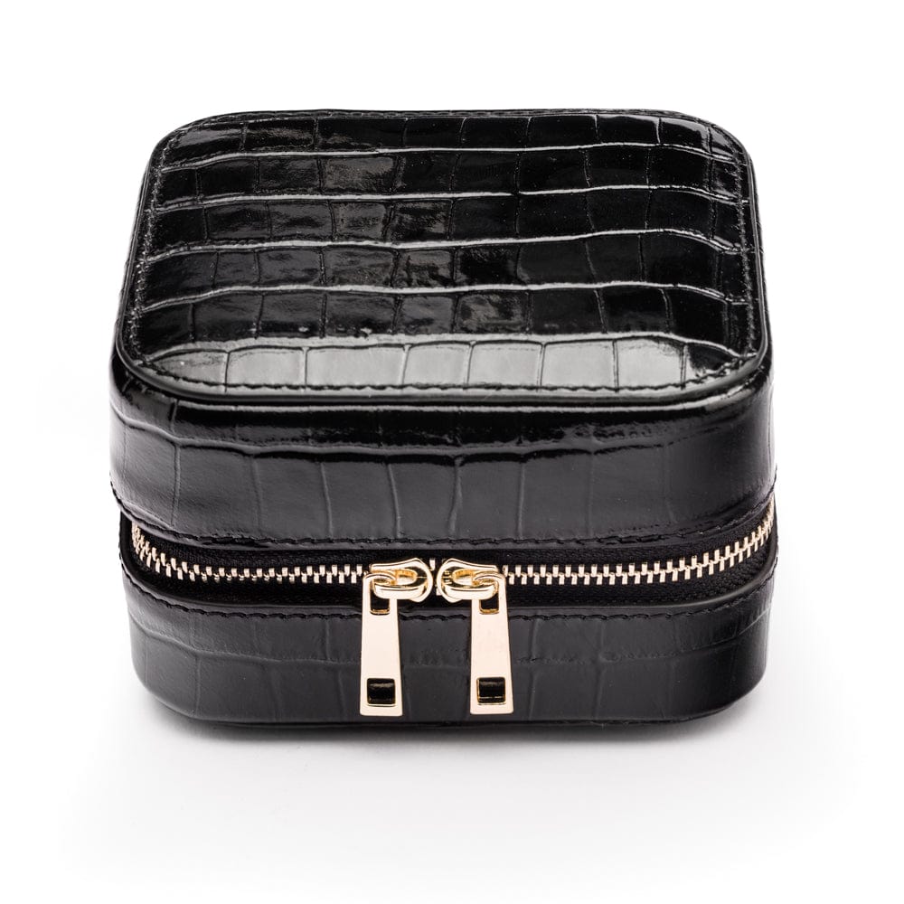 Leather travel jewellery case with zip, black croc, front view