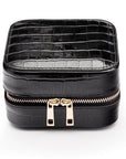 Leather travel jewellery case with zip, black croc, front view