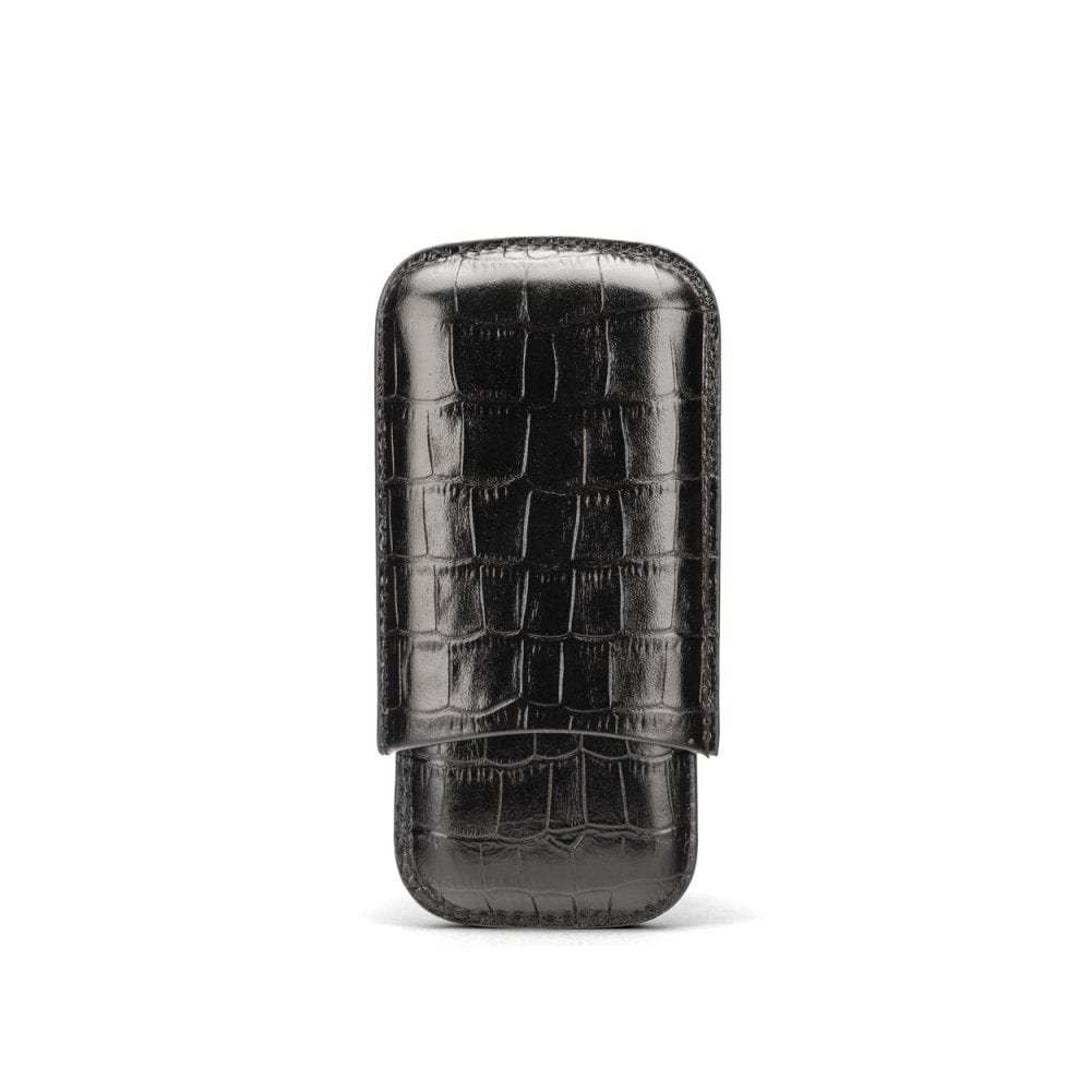 Triple Leather Cigar Case - Black Croc
