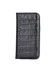 Leather iPhone 12 mini wallet case, black croc with cobalt, front