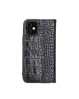 Leather iPhone 12 mini wallet case, black croc with cobalt, back view