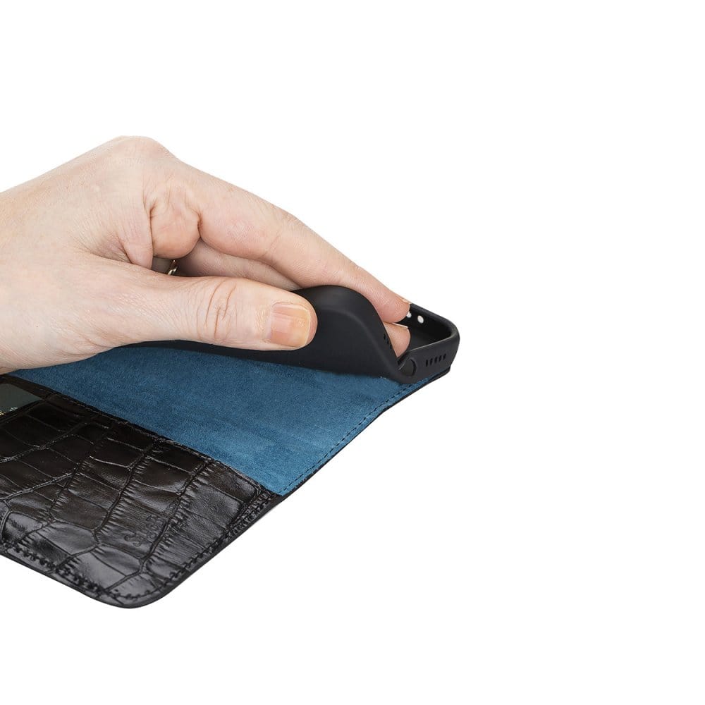Black Croc With Cobalt Leather iPhone 12 Mini Wallet Case 