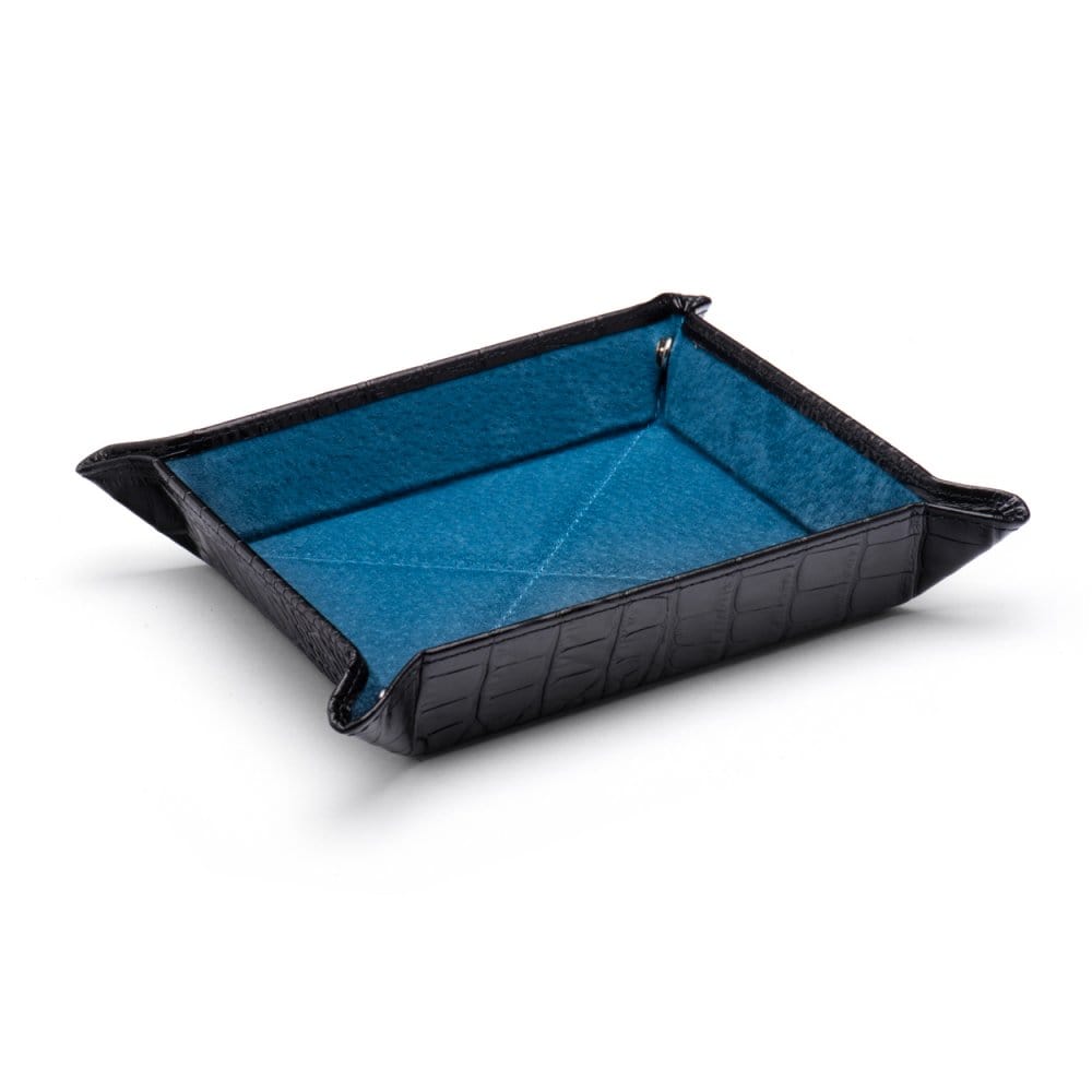 Leather valet tray, black croc with cobalt