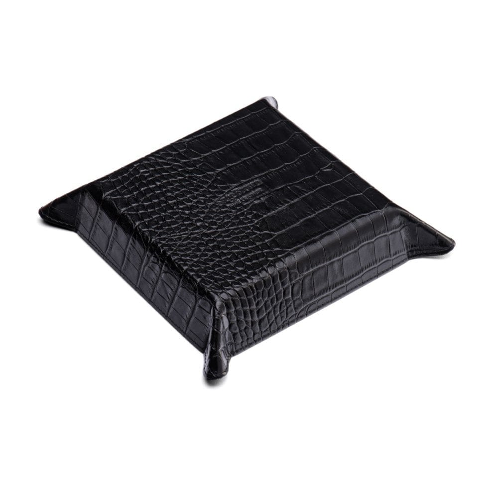 Leather valet tray, black croc with cobalt, base
